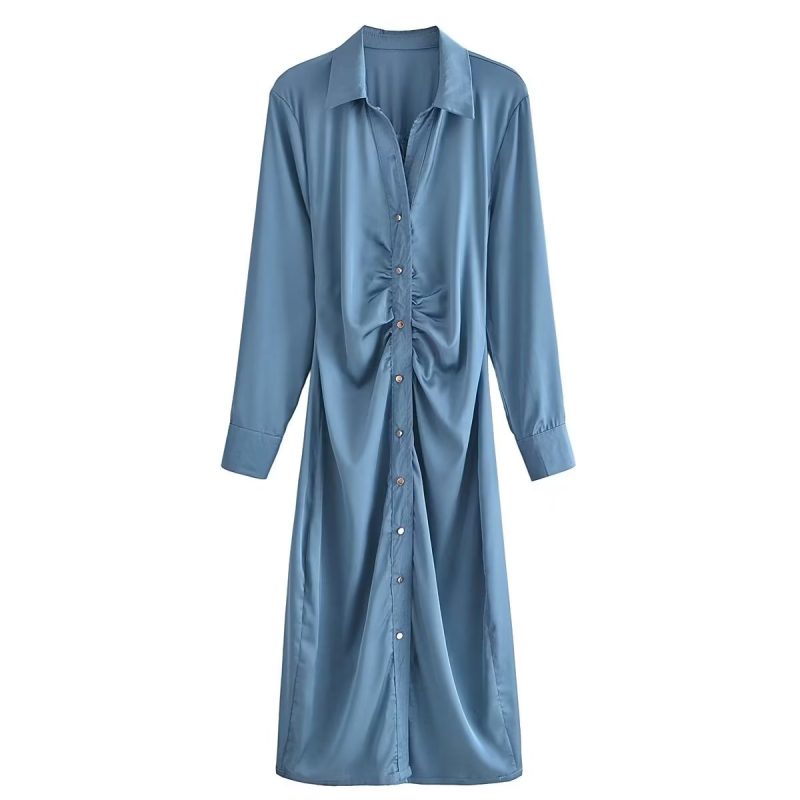 Elegant Summer Pleated Satin Shirt Dress Women - Image 3