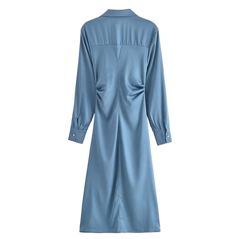 Elegant Summer Pleated Satin Shirt Dress Women - Image 4