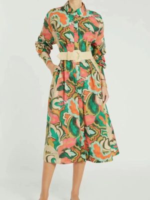 Elegant Printed Collared A-Line Midi Dress