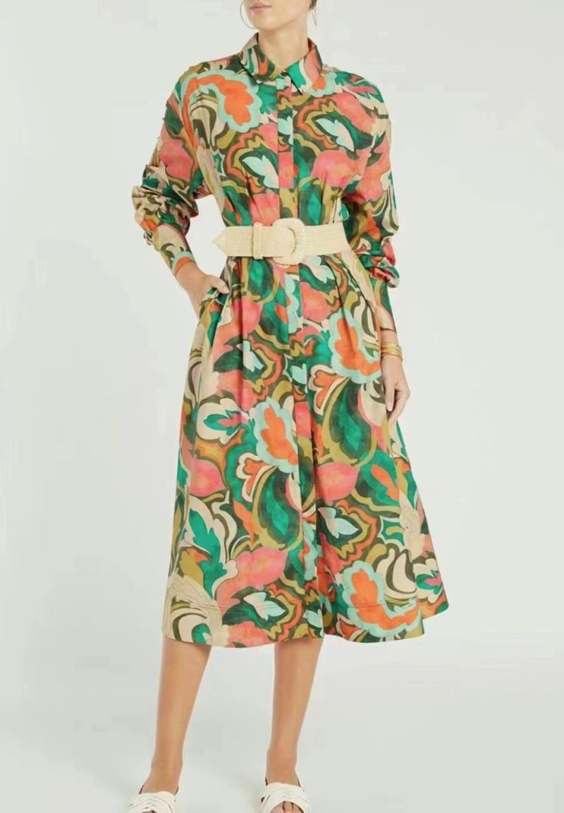 Elegant Printed Collared A-Line Midi Dress