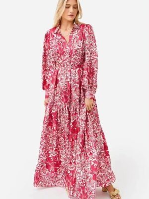 Elegant Printed Collared A-Line Maxi Dress