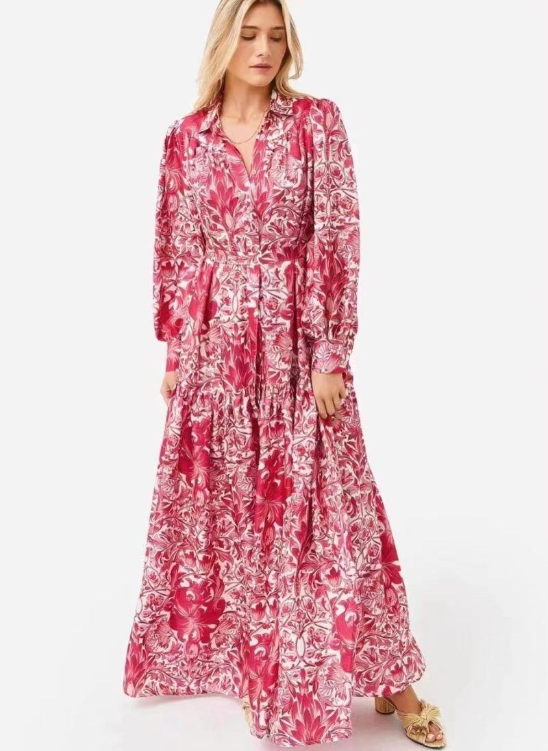 Elegant Printed Collared A-Line Maxi Dress