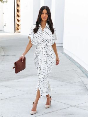 Asymmetrical Tie Waist Polka Dot Shirt Dress