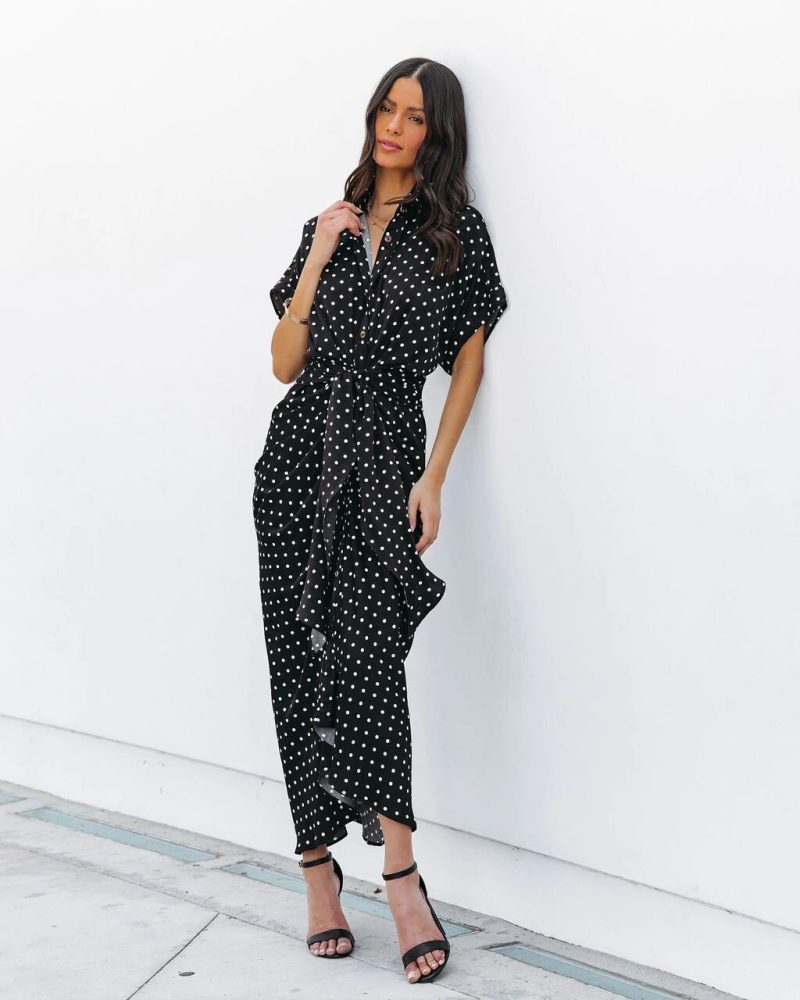 Asymmetrical Tie Waist Polka Dot Shirt Dress - Image 2