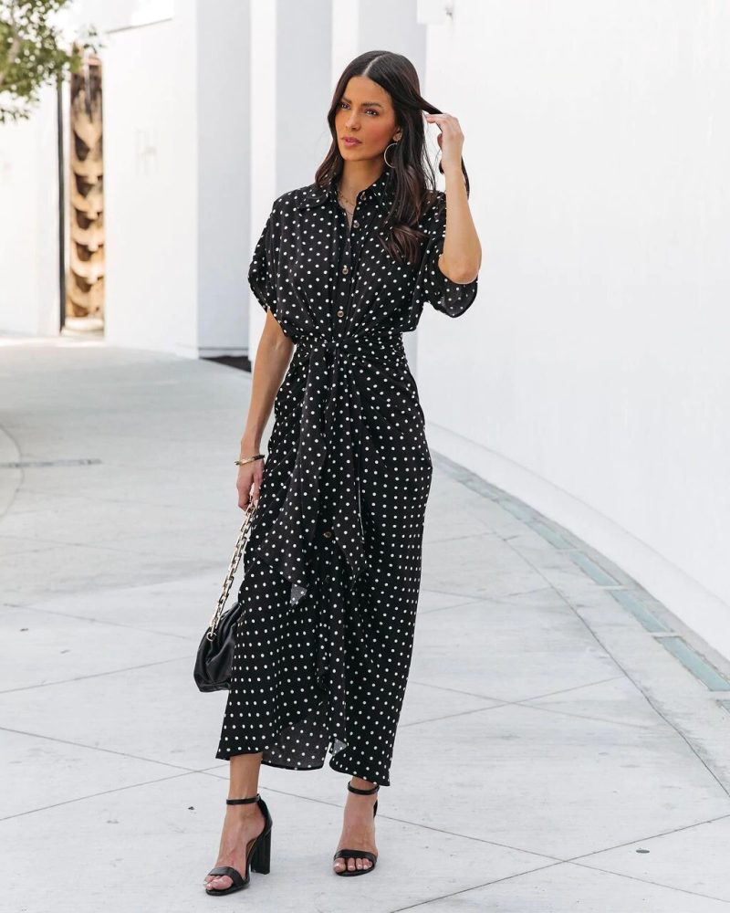 Asymmetrical Tie Waist Polka Dot Shirt Dress - Image 4
