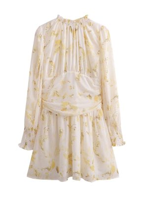 French Leaf Print Lace Collar Vacation Dress
