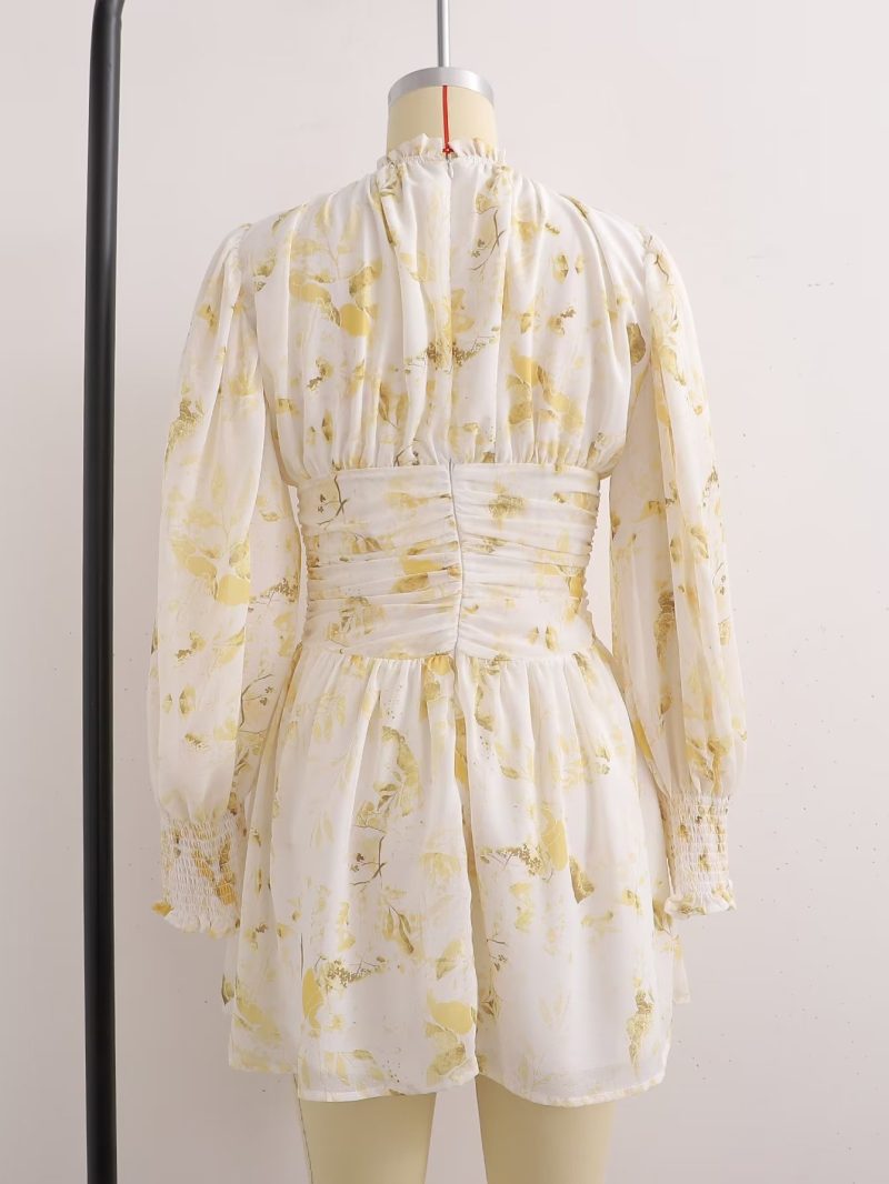 French Leaf Print Lace Collar Vacation Dress - Image 3