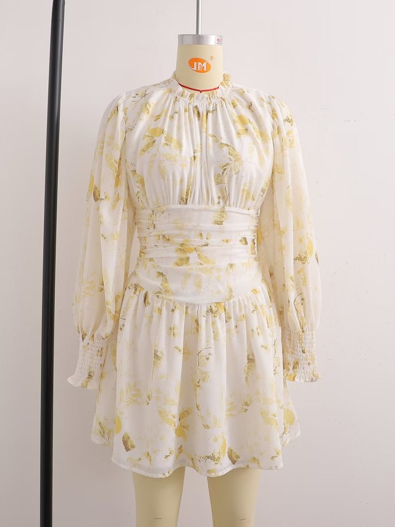 French Leaf Print Lace Collar Vacation Dress - Image 4