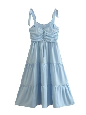 Sleeveless French Lace Up Laminated Dress