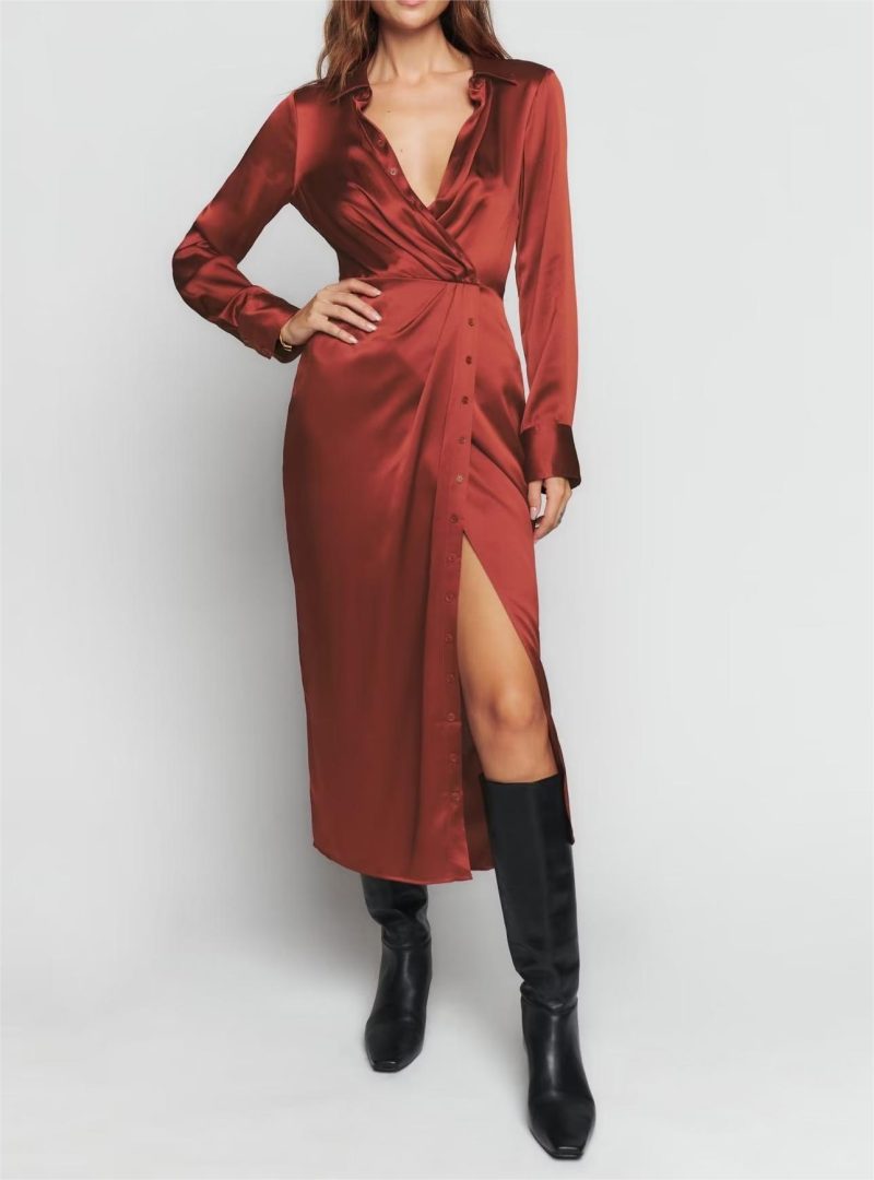 Winter Long Sleeve Silk Texture Dress Women