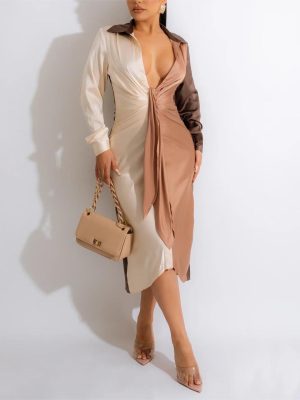 Colorblock Collared Chest Tie Slim Dress Women