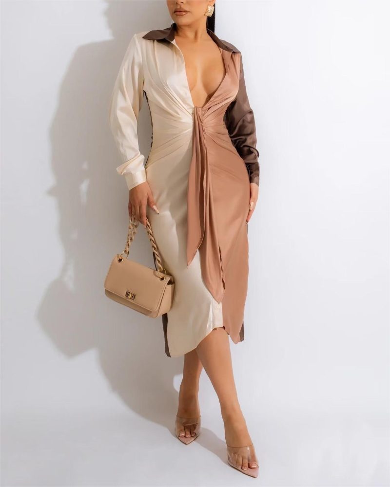 Colorblock Collared Chest Tie Slim Dress Women