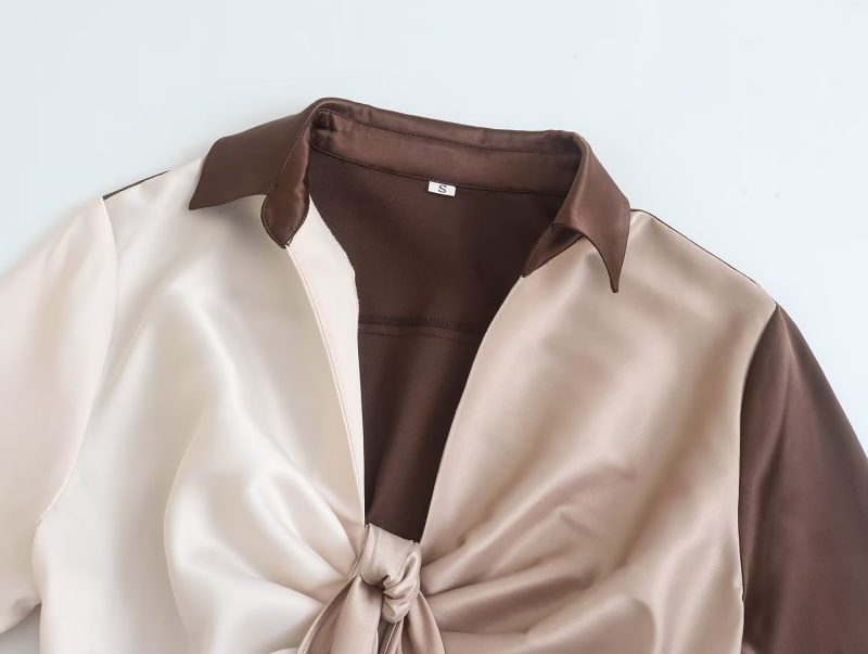 Colorblock Collared Chest Tie Slim Dress Women - Image 4