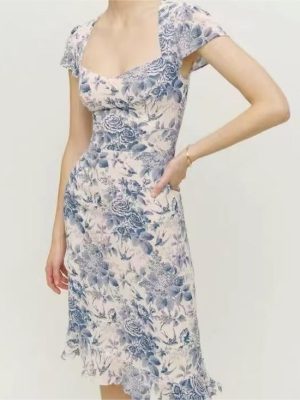 French Style Printed Mid Length Strap Dress