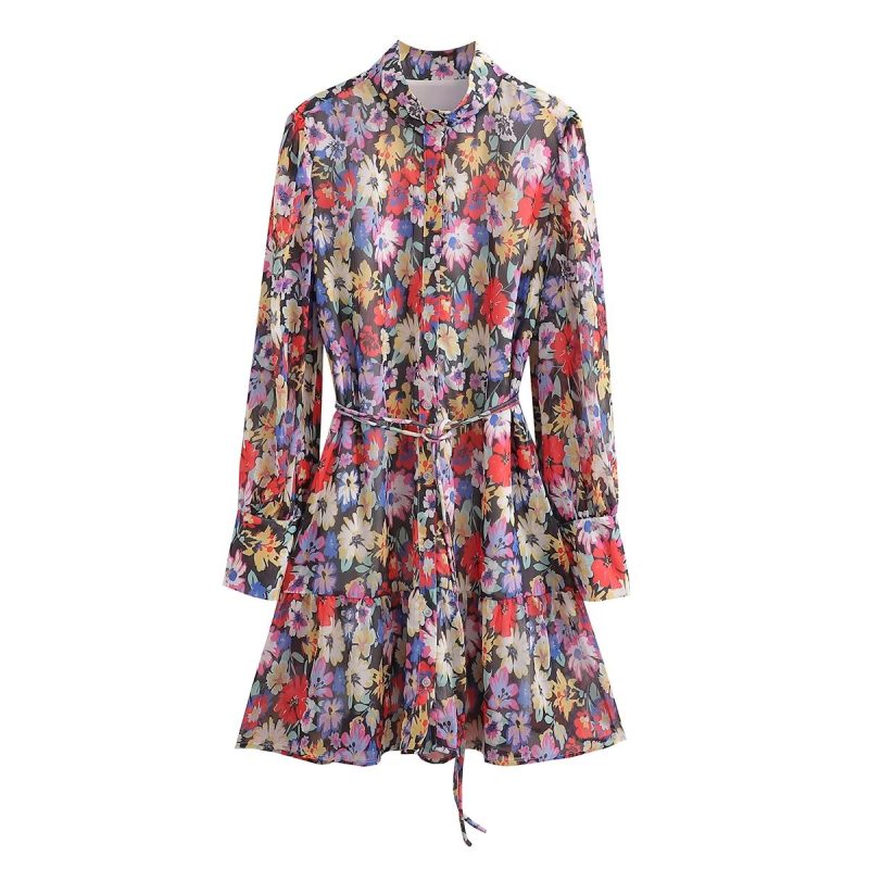 Long Sleeve Chiffon Belted Floral Dress Women - Image 2
