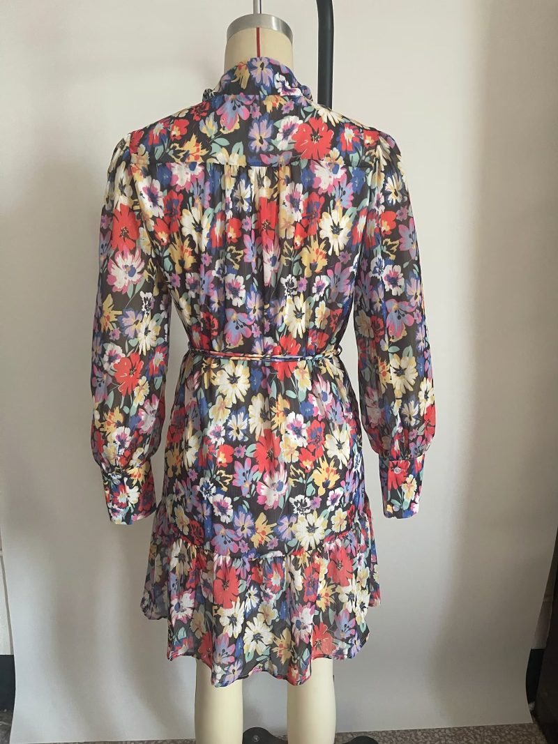 Long Sleeve Chiffon Belted Floral Dress Women - Image 3