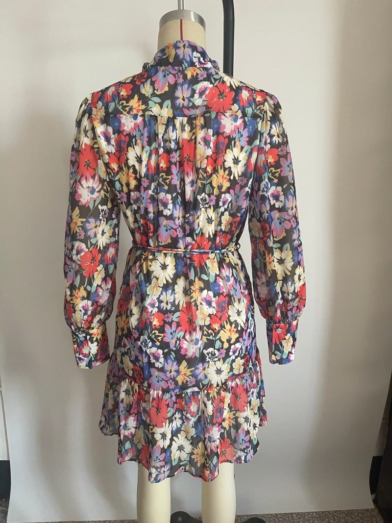 Long Sleeve Chiffon Belted Floral Dress Women - Image 3