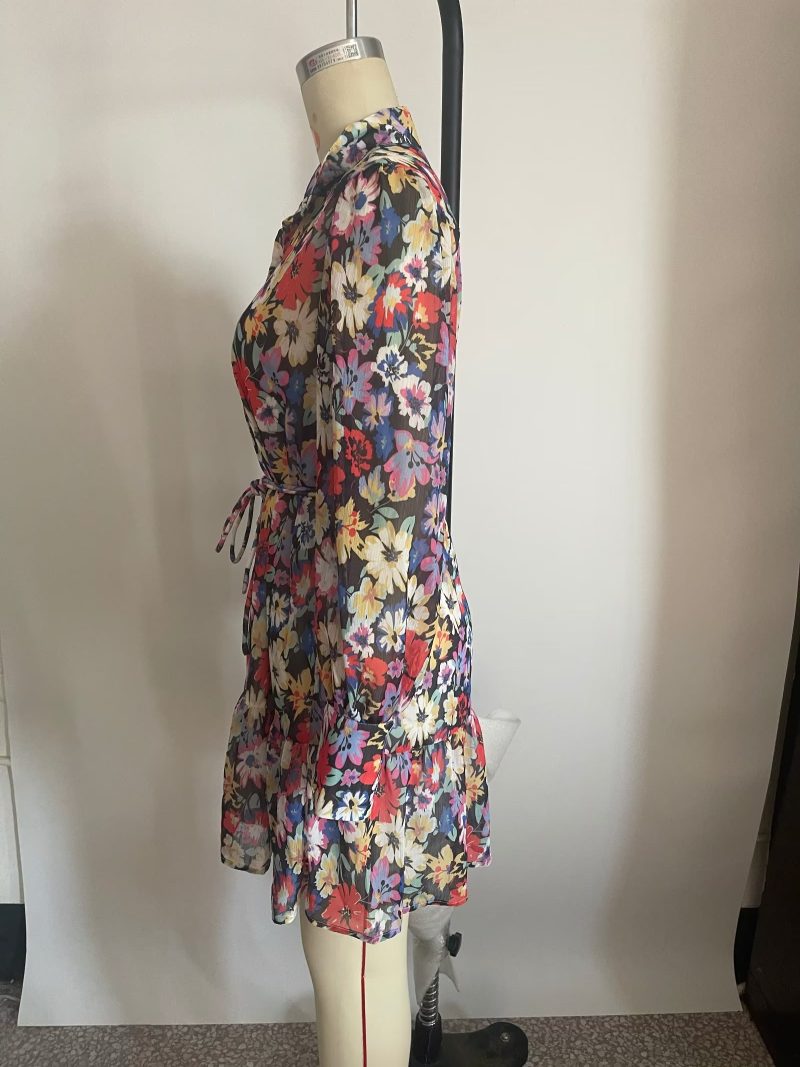 Long Sleeve Chiffon Belted Floral Dress Women - Image 4