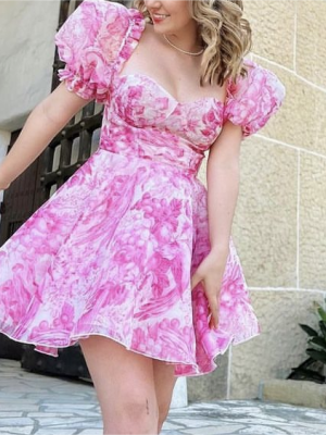 French Square Collar Lantern Sleeve Printed Dress