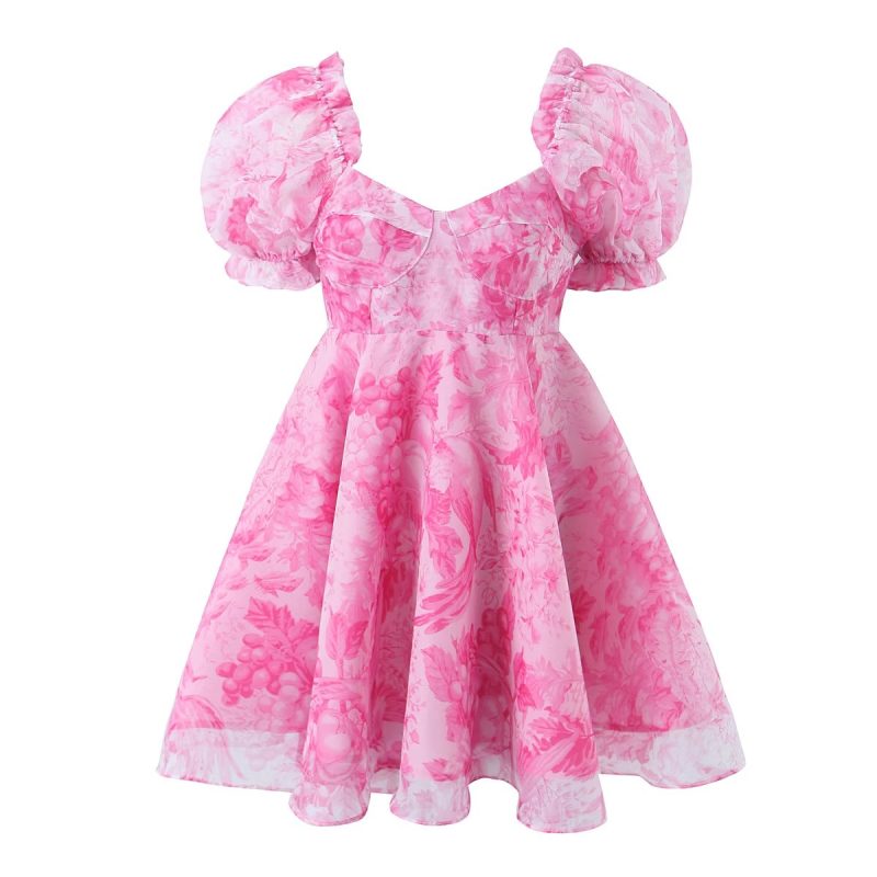 French Square Collar Lantern Sleeve Printed Dress - Image 2