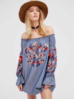 Bohemian Embroidered Denim Cotton Shoulder Dress