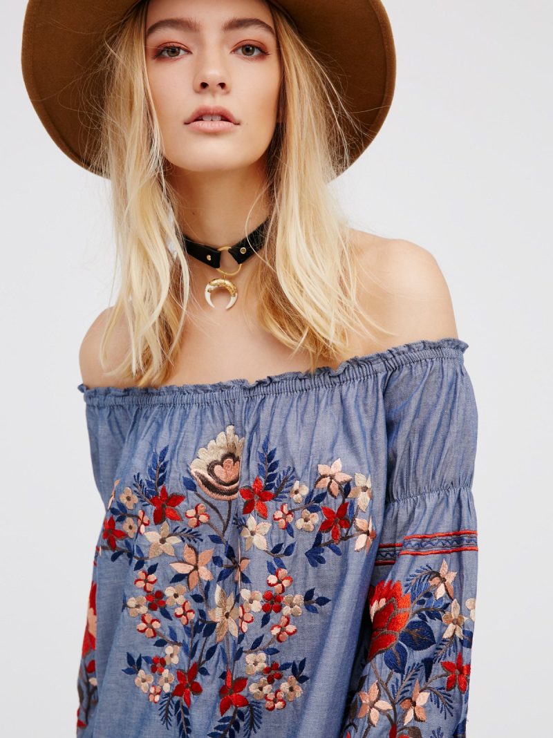 Bohemian Embroidered Denim Cotton Shoulder Dress - Image 2