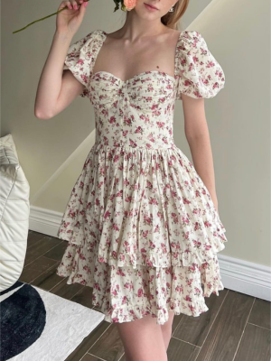 Spicy Pink Puff Sleeve Printed Summer Dress
