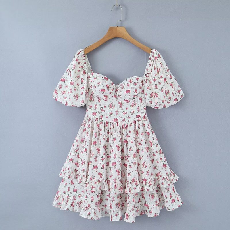 Spicy Pink Puff Sleeve Printed Summer Dress - Image 2