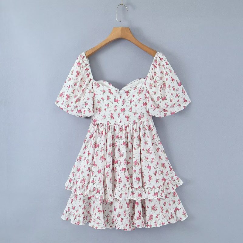 Spicy Pink Puff Sleeve Printed Summer Dress - Image 3