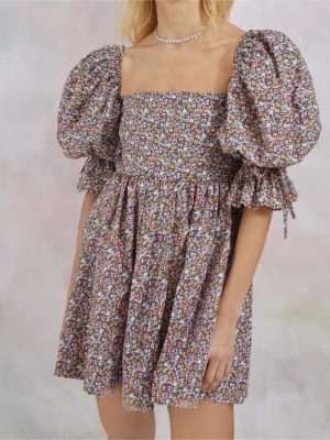 Puff Sleeve Square Neck Pleated Mini Dress