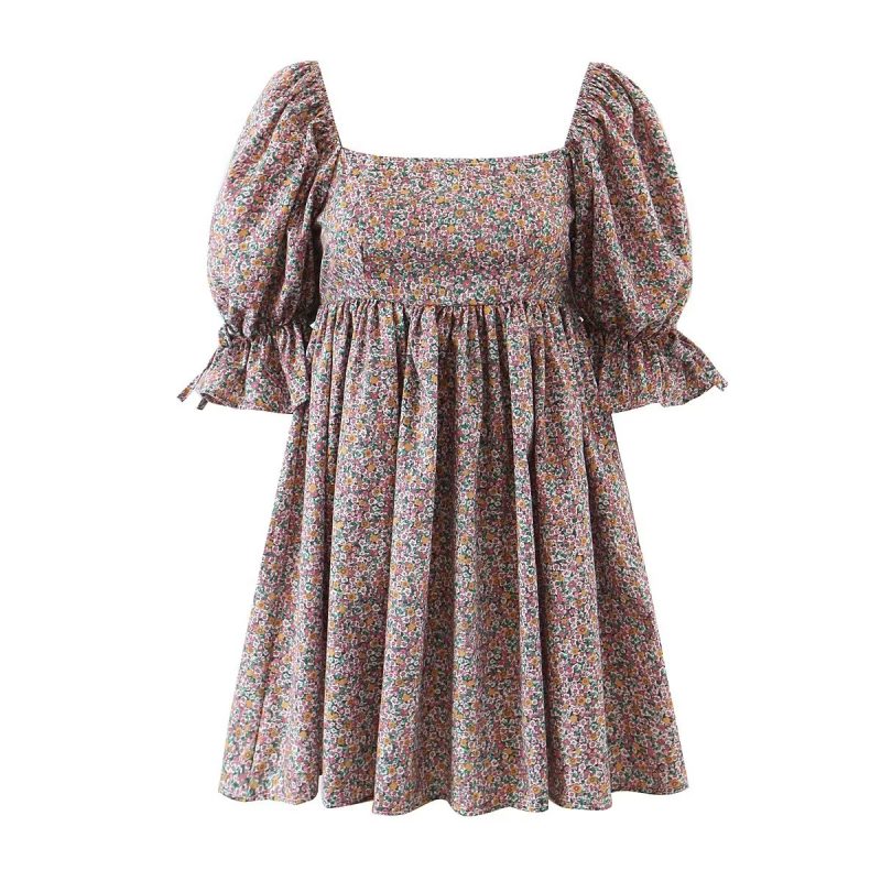 Puff Sleeve Square Neck Pleated Mini Dress - Image 2