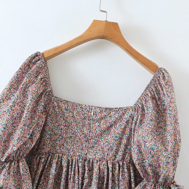 Puff Sleeve Square Neck Pleated Mini Dress - Image 3