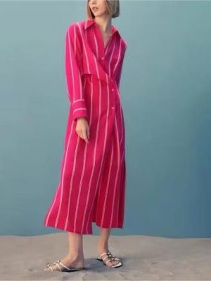 Women's Striped Long Sleeve Cardigan Shirt Dress