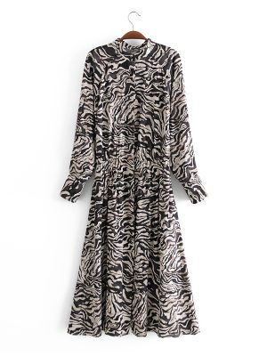 Collared Long Sleeve Printed Maxi Dress Women