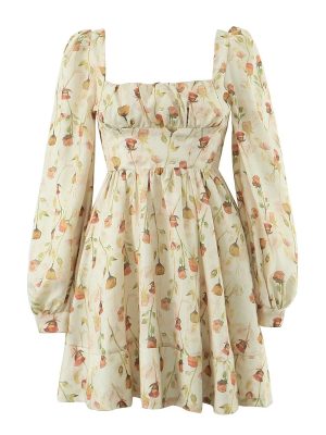 Floral Print Short Dress with Square Neck