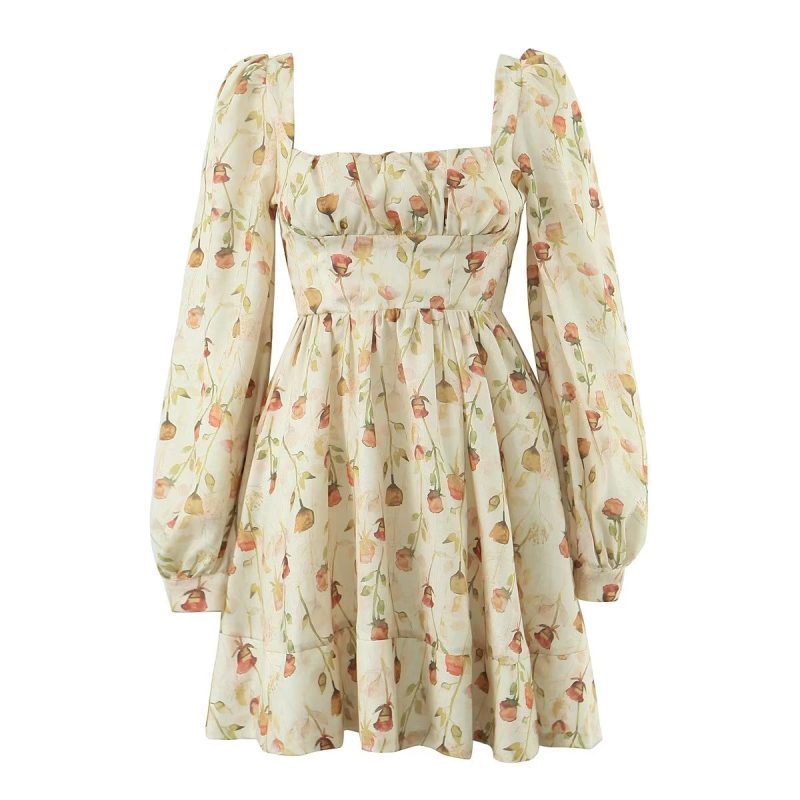 Floral Print Short Dress with Square Neck