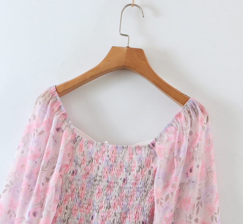 Pink Printed Chiffon Long Sleeve Spring Dress - Image 4