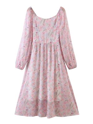 Pink Printed Chiffon Long Sleeve Spring Dress