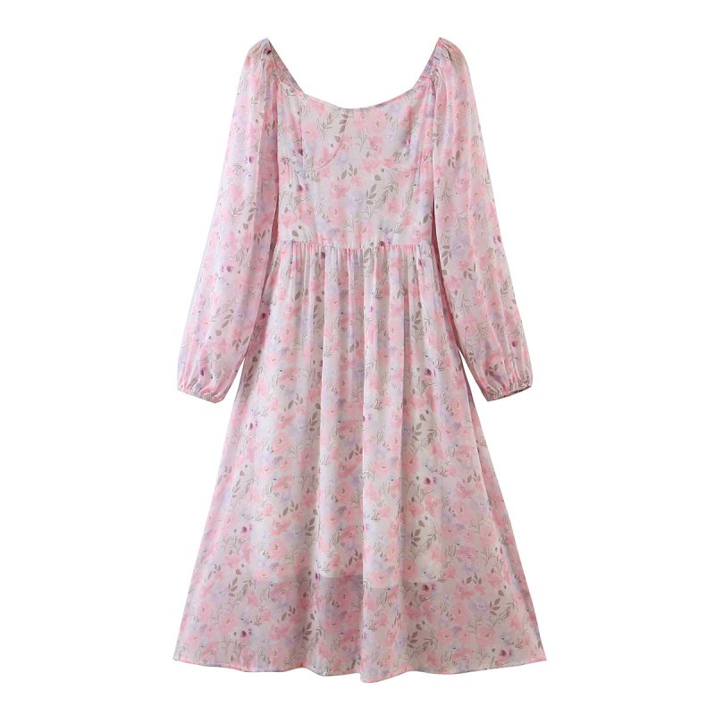 Pink Printed Chiffon Long Sleeve Spring Dress