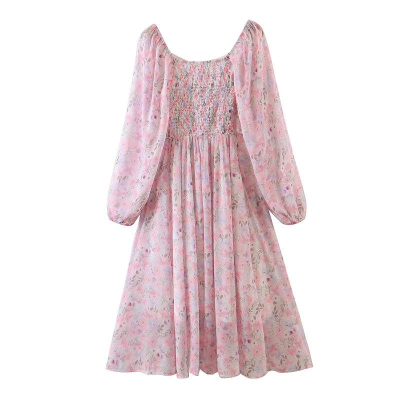 Pink Printed Chiffon Long Sleeve Spring Dress - Image 2