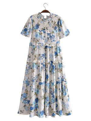 Tiered Turtleneck Lace Print Elastic Dress