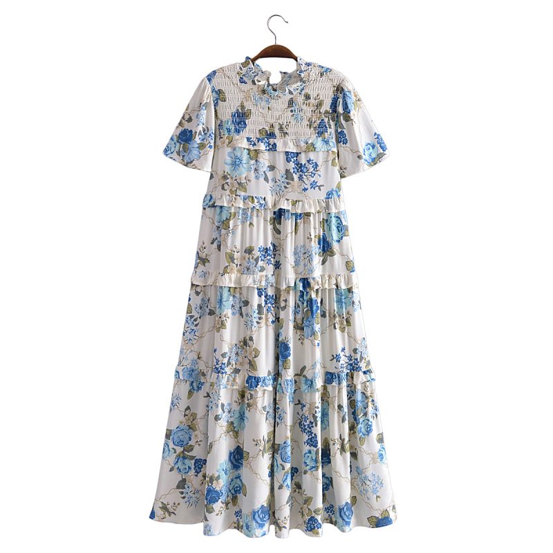 Tiered Turtleneck Lace Print Elastic Dress