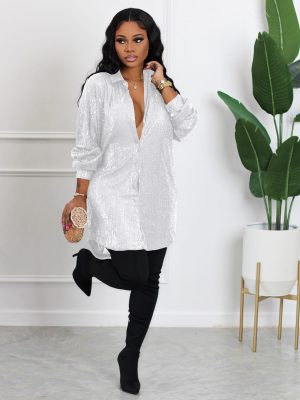 Sequin Embellished Loose Fit Shirt Dress Women