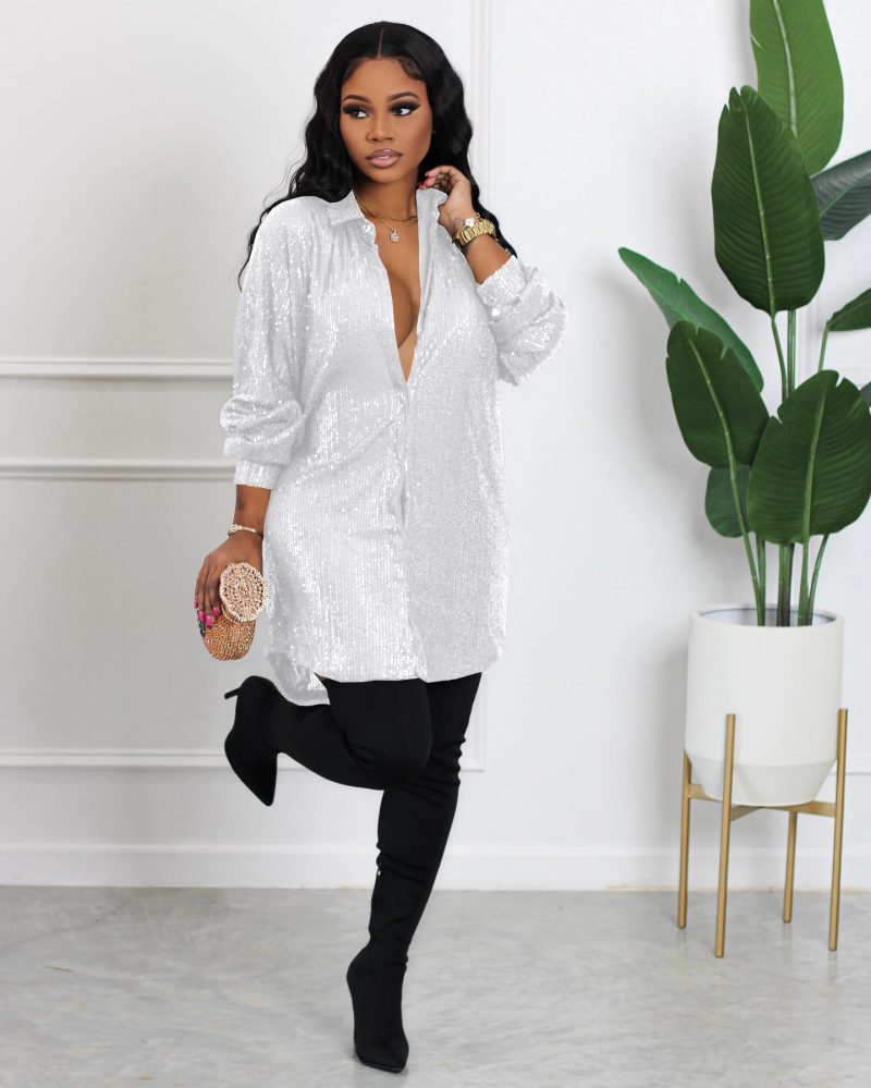 Sequin Embellished Loose Fit Shirt Dress Women