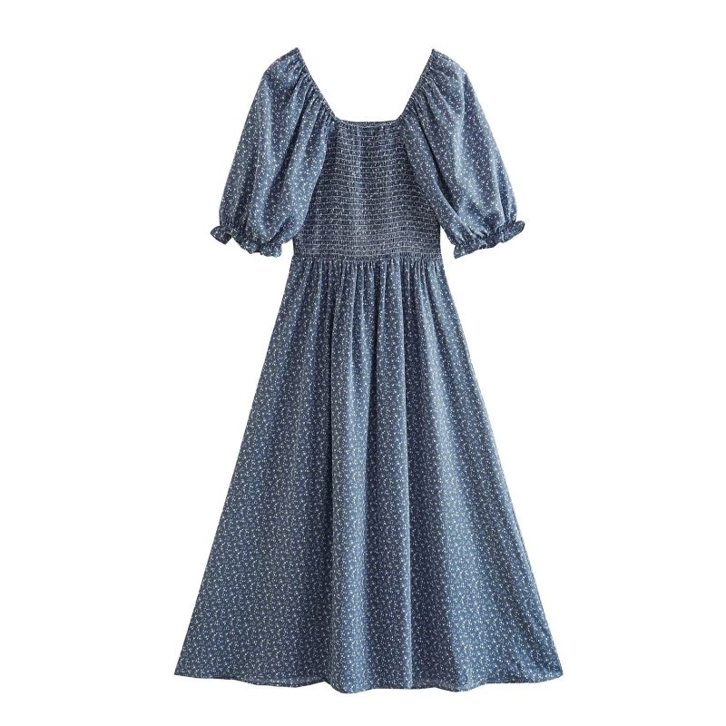 Smocked Square Neck Floral Spring Summer Dress - Image 2