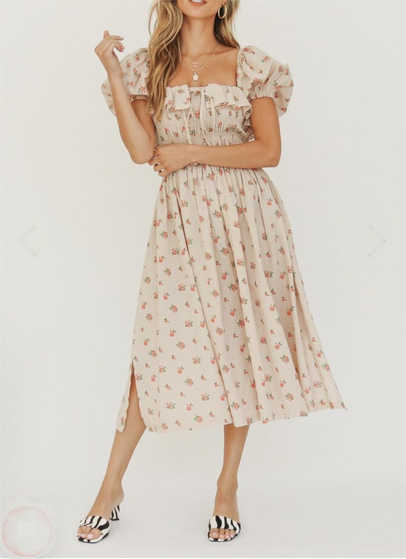 Printed Square Neck Ruffled Tie Midi Dress