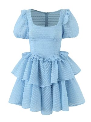 Lace Puff Sleeve Tiered Puffy Dress Women