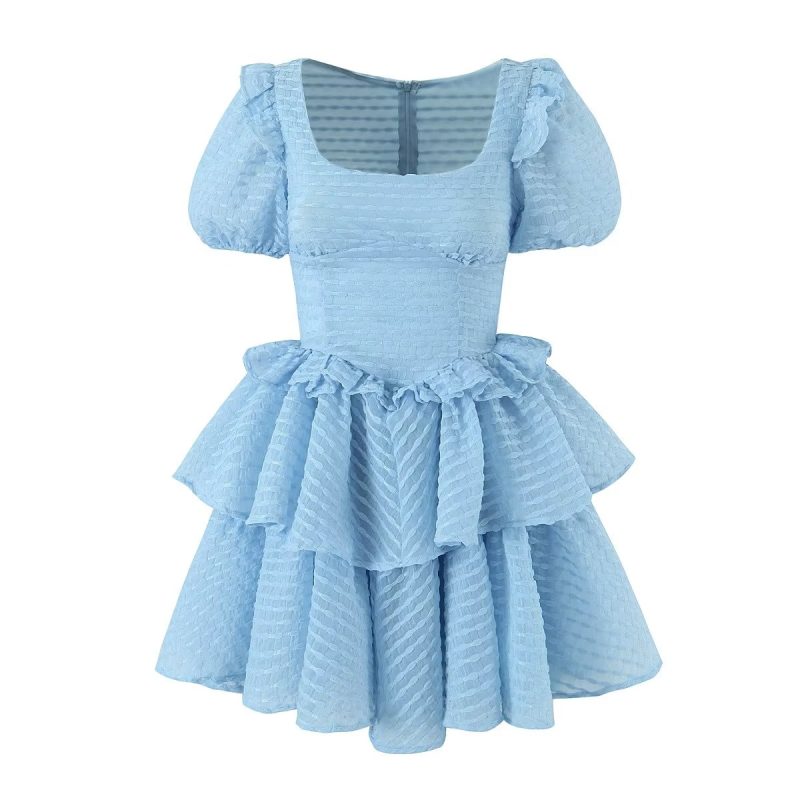 Lace Puff Sleeve Tiered Puffy Dress Women