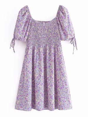 Early Spring Printed Elastic Puff Sleeve Dress
