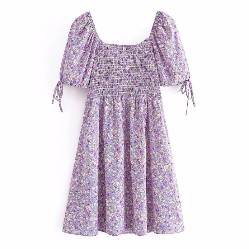 Early Spring Printed Elastic Puff Sleeve Dress